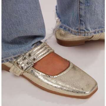 Dsevht Mary Janes Flats for Women Fashion Square Toe Flat Low Heel Easy Buckle Strap Flats Shoes Gold