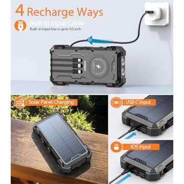 Solar Charger Power Bank, 42,800mAh Wireless Portable Charger with USB-C in/Output, QC3.0 Fast Charging 15W 4 Ports Outdoor Battery Pack Built-in LED Flashlight, for iPhone, Galaxy, iPad etc