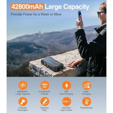 Solar Charger Power Bank, 42,800mAh Wireless Portable Charger with USB-C in/Output, QC3.0 Fast Charging 15W 4 Ports Outdoor Battery Pack Built-in LED Flashlight, for iPhone, Galaxy, iPad etc