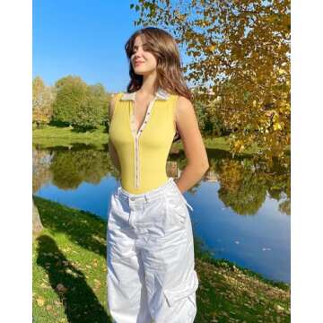 OQQ Women 2 Piece Bodysuits Sleeveless Basic Stretch Sexy Bodysuits White Yellow, Medium