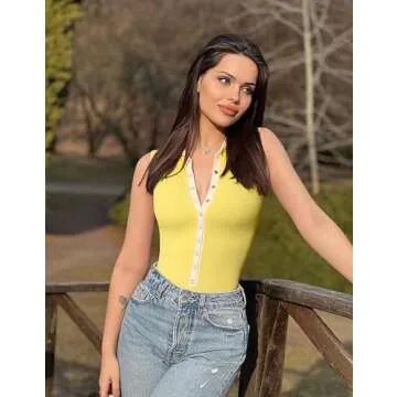 OQQ Women 2 Piece Bodysuits Sleeveless Basic Stretch Sexy Bodysuits White Yellow, Medium