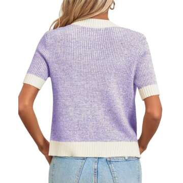 Langwyqu Womens Short Sleeve Button Down Cardigans Sweater Cropped Lightweight Crew Neck Elegant Tops Purple