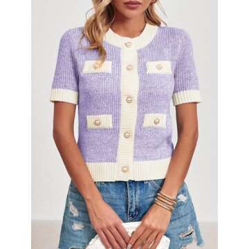 Langwyqu Womens Short Sleeve Button Down Cardigans Sweater Cropped Lightweight Crew Neck Elegant Tops Purple