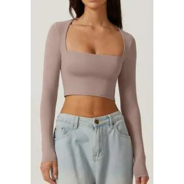 QINSEN Women's Sexy Square Neck Crop Top Long Sleeve Slim Fit Cropped T Shirts Rose Taupe XL