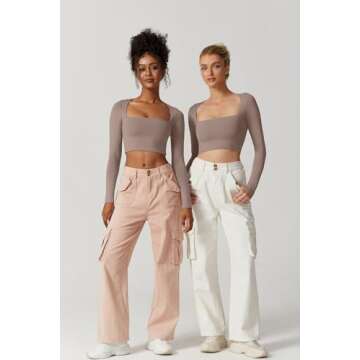 QINSEN Women's Sexy Square Neck Crop Top Long Sleeve Slim Fit Cropped T Shirts Rose Taupe XL