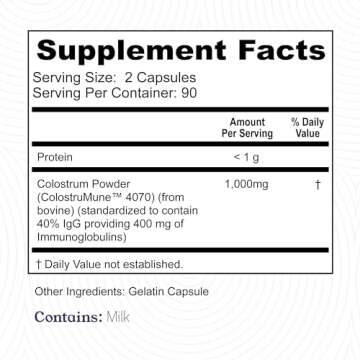 180ct Colostrum Capsules 40% IgG - USA Sourced Bovine Colostrum Powder Supplement for Immune Support...