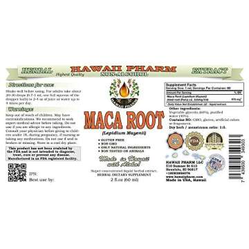 Hawaii Pharm Maca Root Alcohol-Free Liquid Extract, Organic Maca (Lepidium Meyenii) Whole Dried Plant Glycerite Natural Herbal Supplement, USA 2oz