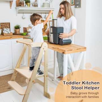 Foldable Toddler Kitchen Tower Step Stool, Standing Tower with Whiteboard, Toddler Kitchen Stool Hel...