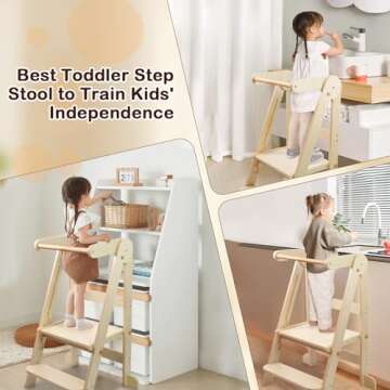 Foldable Toddler Kitchen Tower Step Stool, Standing Tower with Whiteboard, Toddler Kitchen Stool Helper with 3 Adjustable Height, Step Stool for Kids 1-6 Years, Natural
