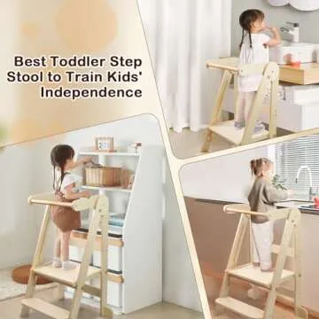 Foldable Toddler Kitchen Tower Step Stool, Standing Tower with Whiteboard, Toddler Kitchen Stool Helper with 3 Adjustable Height, Step Stool for Kids 1-6 Years, Natural