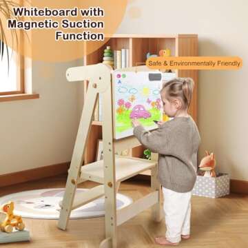 Foldable Toddler Kitchen Tower Step Stool, Standing Tower with Whiteboard, Toddler Kitchen Stool Helper with 3 Adjustable Height, Step Stool for Kids 1-6 Years, Natural