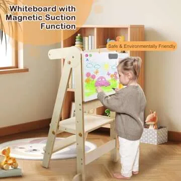 Foldable Toddler Kitchen Tower Step Stool, Standing Tower with Whiteboard, Toddler Kitchen Stool Helper with 3 Adjustable Height, Step Stool for Kids 1-6 Years, Natural