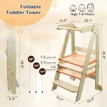 Foldable Toddler Kitchen Tower Step Stool, Standing Tower with Whiteboard, Toddler Kitchen Stool Helper with 3 Adjustable Height, Step Stool for Kids 1-6 Years, Natural