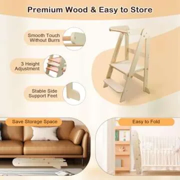 Foldable Toddler Kitchen Tower Step Stool, Standing Tower with Whiteboard, Toddler Kitchen Stool Helper with 3 Adjustable Height, Step Stool for Kids 1-6 Years, Natural