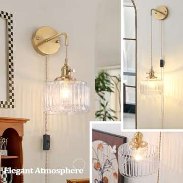 Shenmoyl Vintage Wall Sconce Wall Lamp with Clear Striped Glass Shade Hanging Wall Sconce with 4.9FT...