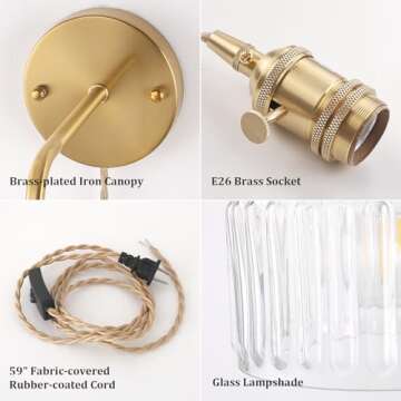 Shenmoyl Vintage Wall Sconce Wall Lamp with Clear Striped Glass Shade Hanging Wall Sconce with 4.9FT Plug in Cord, Modern Wall Lamp Fixtures Decor for Bedside Bedroom Indoor Doorway