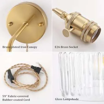 Shenmoyl Vintage Wall Sconce Wall Lamp with Clear Striped Glass Shade Hanging Wall Sconce with 4.9FT Plug in Cord, Modern Wall Lamp Fixtures Decor for Bedside Bedroom Indoor Doorway