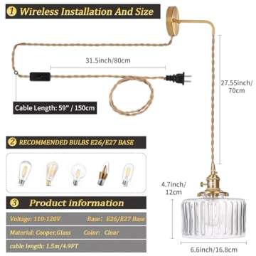 Shenmoyl Vintage Wall Sconce Wall Lamp with Clear Striped Glass Shade Hanging Wall Sconce with 4.9FT Plug in Cord, Modern Wall Lamp Fixtures Decor for Bedside Bedroom Indoor Doorway