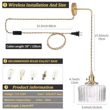 Shenmoyl Vintage Wall Sconce Wall Lamp with Clear Striped Glass Shade Hanging Wall Sconce with 4.9FT Plug in Cord, Modern Wall Lamp Fixtures Decor for Bedside Bedroom Indoor Doorway