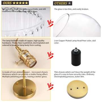 Shenmoyl Vintage Wall Sconce Wall Lamp with Clear Striped Glass Shade Hanging Wall Sconce with 4.9FT Plug in Cord, Modern Wall Lamp Fixtures Decor for Bedside Bedroom Indoor Doorway