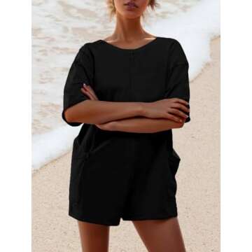 AnotherChill Womens Athletic Romper With Pockets Workout Tee Rompers Backless Oversized Onesie Casua...