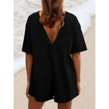 AnotherChill Womens Athletic Romper With Pockets Workout Tee Rompers Backless Oversized Onesie Casual Activewear (Black, Small)