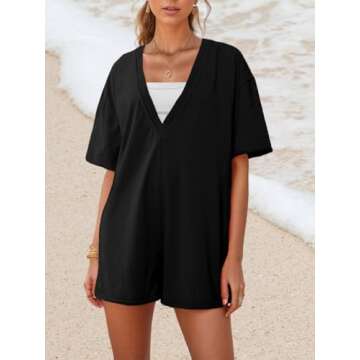 AnotherChill Womens Athletic Romper With Pockets Workout Tee Rompers Backless Oversized Onesie Casual Activewear (Black, Small)