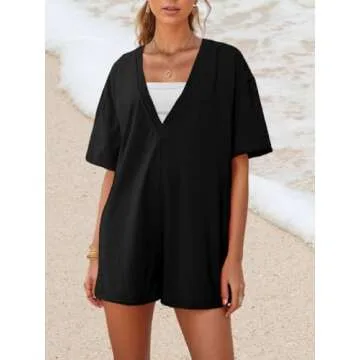 AnotherChill Womens Athletic Romper With Pockets Workout Tee Rompers Backless Oversized Onesie Casual Activewear (Black, Small)