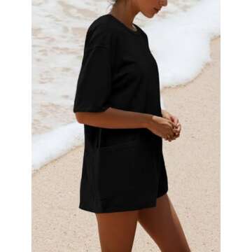 AnotherChill Womens Athletic Romper With Pockets Workout Tee Rompers Backless Oversized Onesie Casual Activewear (Black, Small)