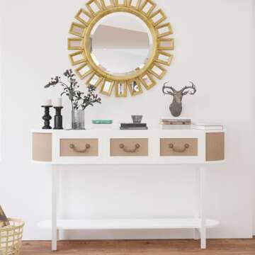 FurSch Rattan Entryway Table with Storage, White Narrow Oval Console Table with Drawers, 53.6" Long ...
