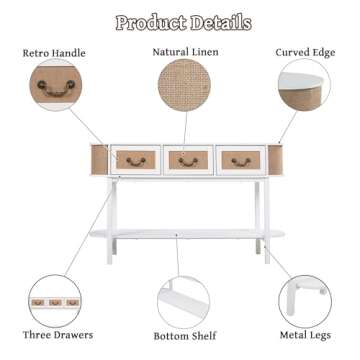 FurSch Rattan Entryway Table with Storage, White Narrow Oval Console Table with Drawers, 53.6" Long and Slim Couch Table Behind Sofa for Living Room Hallway Entrance Foyer