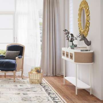 FurSch Rattan Entryway Table with Storage, White Narrow Oval Console Table with Drawers, 53.6" Long and Slim Couch Table Behind Sofa for Living Room Hallway Entrance Foyer