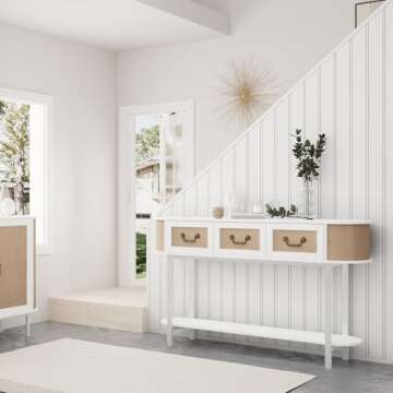 FurSch Rattan Entryway Table with Storage, White Narrow Oval Console Table with Drawers, 53.6" Long and Slim Couch Table Behind Sofa for Living Room Hallway Entrance Foyer