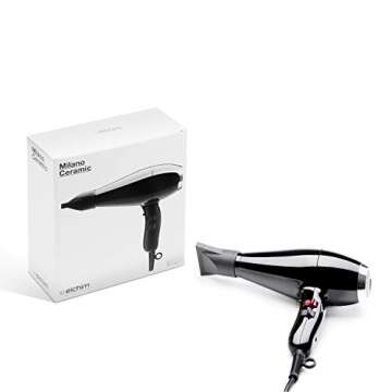 Elchim Milano Ceramic Hair Dryer Ultra Slim & Lightweight Salon Professional Blow Dryer and Ergonomic Design, Concentrator Included, Fast Drying, Quiet, Black/Silver, 2000 Watt