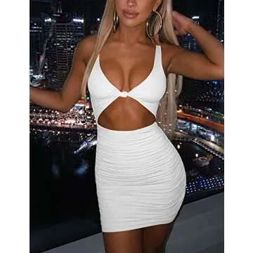 Kaximil Women's Sexy Bodycon Sleeveless Cut Out Ruched Tank Mini Club Party Dresses, Small, White