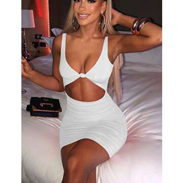 Kaximil Women's Sexy Bodycon Sleeveless Cut Out Ruched Tank Mini Club Party Dresses, Small, White