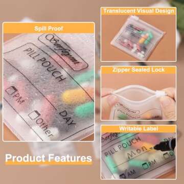 Serfeymi 32 Pcs Zippered Pill Pouches Organizer Plastic Bags 3 X 3 Inches 12 mil Self Sealing with Slide Lock Writable Label Translucent Travel Medicine Storage Bag Case and 1 Pc Marker-White