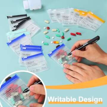 Serfeymi 32 Pcs Zippered Pill Pouches Organizer Plastic Bags 3 X 3 Inches 12 mil Self Sealing with Slide Lock Writable Label Translucent Travel Medicine Storage Bag Case and 1 Pc Marker-White