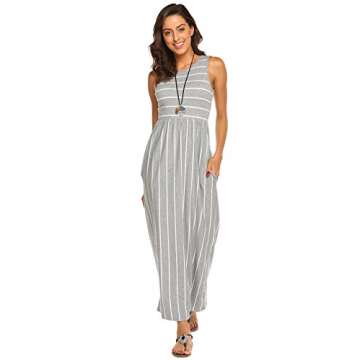 Hount Women's Casual Striped Sleeveless Summer Long Maxi Dresses with Pockets (Grey, Medium)