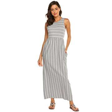 Hount Women's Casual Striped Sleeveless Summer Long Maxi Dresses with Pockets (Grey, Medium)