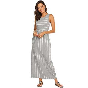 Hount Women's Casual Striped Sleeveless Summer Long Maxi Dresses with Pockets (Grey, Medium)