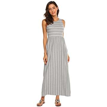 Hount Women's Casual Striped Sleeveless Summer Long Maxi Dresses with Pockets (Grey, Medium)