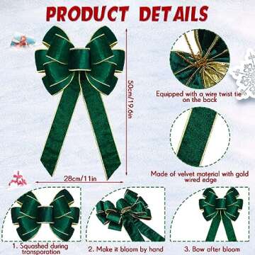 Lenwen 6 Pcs Large Christmas Bows Velvet Christmas Wreath Bows Christmas Tree Topper Bow with Golden Edge Big Xmas Ornament for Wreath Gift Home Front Door Decor (Green,11 x 19.6 Inch)