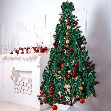Lenwen 6 Pcs Large Christmas Bows Velvet Christmas Wreath Bows Christmas Tree Topper Bow with Golden Edge Big Xmas Ornament for Wreath Gift Home Front Door Decor (Green,11 x 19.6 Inch)