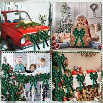 Lenwen 6 Pcs Large Christmas Bows Velvet Christmas Wreath Bows Christmas Tree Topper Bow with Golden Edge Big Xmas Ornament for Wreath Gift Home Front Door Decor (Green,11 x 19.6 Inch)