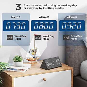 Digital Alarm Clock, Electronic LED Time Display 3 Alarm Settings Adjustable Brightness Humidity & T...