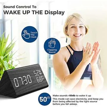 Digital Alarm Clock, Electronic LED Time Display 3 Alarm Settings Adjustable Brightness Humidity & Temperature Detect Wood Design for Bedroom, Bedside, Desk, Office (Black)