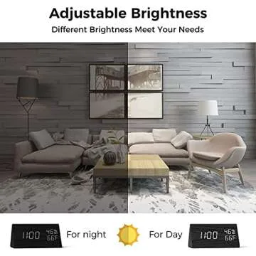 Digital Alarm Clock, Electronic LED Time Display 3 Alarm Settings Adjustable Brightness Humidity & Temperature Detect Wood Design for Bedroom, Bedside, Desk, Office (Black)