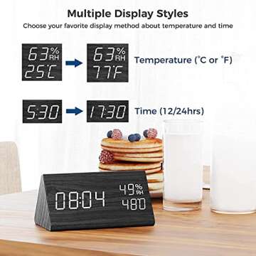 Digital Alarm Clock, Electronic LED Time Display 3 Alarm Settings Adjustable Brightness Humidity & Temperature Detect Wood Design for Bedroom, Bedside, Desk, Office (Black)