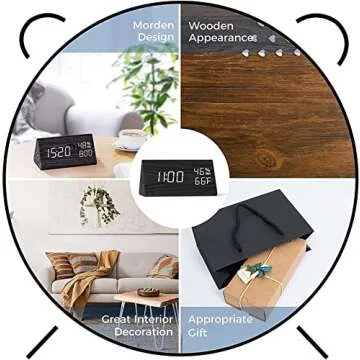 Digital Alarm Clock, Electronic LED Time Display 3 Alarm Settings Adjustable Brightness Humidity & Temperature Detect Wood Design for Bedroom, Bedside, Desk, Office (Black)